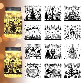 INFUNLY Set of 9 Christmas Theme Mason Silhouettes Jar Stickers 3.9x3.5Inch Christmas Decals Elk Santa Claus Snowman Tree Silhouette Cutouts for Home Wall Windows Scrapbook Decor DIY Crafts