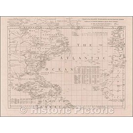 Historic Map - Chart of The Atlantic Ocean, with The British, French & Spanish Settlements in North America, and The West Indies, 1753, Thomas Jefferys - Vintage Wall Art 30in x 24in