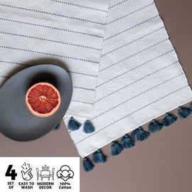 Folkulture Placemats Set of 4 for Dining Table, 14 x 19 Inches 100% Cotton Place Mats or Table Mats for Farmhouse Table Boho Decorations, Woven Placemats with Tassels, Midnight Blue