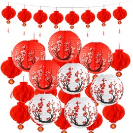 30 Pieces Chinese Japanese Paper Lantern Includes 8 Cherry Blossom Japanese Paper Lantern 22 Chinese Red Lanterns 12 Inches Red Cherry Flowers Paper Lanterns for Spring Festival New Year Wedding