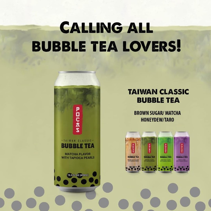 Pocas Bubble Tea with Tapioca Pearls, (Pack of 4, 16.5