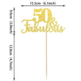 1 pieza dorada 50 y fabulosa decoración para tartas con purpurina, 50 y fabulosas decoraciones para tartas de 50 cumpleaños para 50 aniversario de boda, suministros de fiesta de cumpleaños