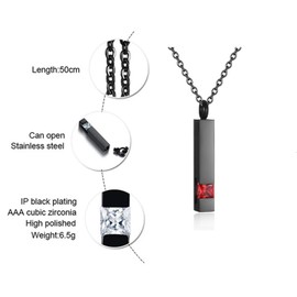 Crystal Urn Necklaces for Ashes for Men Stainless Steel Bar Pendant Necklace Memorial Cremation , Keepsake Jewelry with Cubic Zirconia, Black-red
