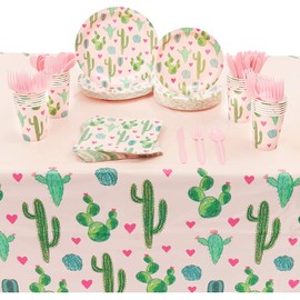 Sparkle and Bash Cactus Birthday Party Decorations 169-Piece Dinnerware Set - Pink, Serves 24 - For Plant Party Decor & Napkins