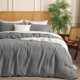 David's Home 100% Cotton Muslin Duvet Cover Set Twin Size,2 Pcs Ultra Soft Breathable & Lightweight Gauze Bedding Set with 1 Pillowcase,Textured Home Decor with Button, 68"×90" Dark Grey,No Insert