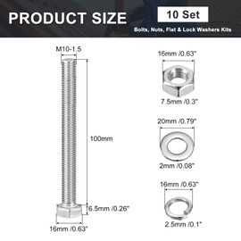 sourcing map M10 x 100mm Hex Head Screws Bolts, Nuts, Flat & Lock Washers Kits, 304 Stainless Steel Fully Thread Hexagon Bolts 10 Sets