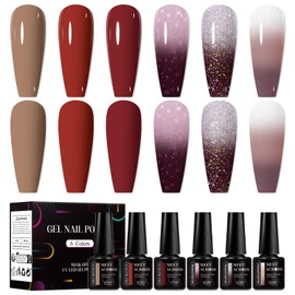 MEET ACROSS 6 Colors Gel Nail Polish Kit Winter Nude Brown Burgundy Red Gel Polish Set Brown Colors Glitter Thermal Gel Nail Polish Soak Off Gel Nail Kit Manicure DIY Nail Art Salon Home Gift