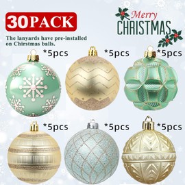 Pack of 30 Christmas Baubles Green and Gold Christmas Tree Baubles Set, 6 Styles Christmas Tree Baubles with Hanger for Christmas, Christmas Tree Decoration, Wedding Party