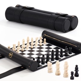 ThreeMoves Roll Up Chess Set - 11" Foldable Leather Chess Mat with Wooden Chess Pieces - Portable Travel Chess Set with Straps - Perfect Chess Game for Airplane, Camping, and More (Black)