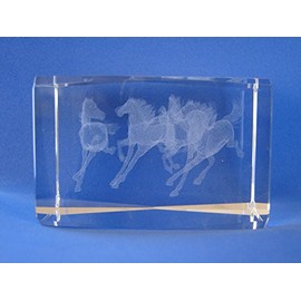 Feng Shui Import Laser Engraved 3D Horses in Crystal Glass Cube
