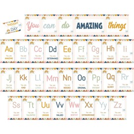 Bulletin Board Letters - ABC Alphabet with Growth Mindset Posters, Warm Boho Dual-Purpose Resource Motivational Banner English Learning Poster School Classroom Wall Decor Set for Preschool Supplies
