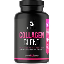 B Life Colágeno Hidrolizado | 200 Cápsulas | 1140 mg por porción | Adicionado con Biotina, Ácido Hialurónico, Ácido Fólico, y Vitaminas | Ingredientes naturales. Collagen Blend B Life.