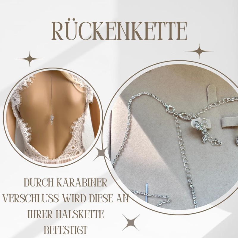 ONDEGO® Elegante Rückenkette mit Zirkonia-Blätter, 23cm, Karabinerverschluss, Silber/Gold/Roségold (Silber)