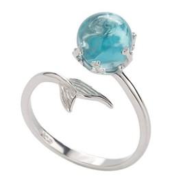 Duan Ocean Blue Opal Mermaid Fish Tail Finger Toe Rings Sterling Silver Plated Blue Crystal Adjustable Free Size Open Ring