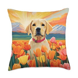 Cute Yellow Labrador Flower Mountain Sunset Lab Dog Throw Pillow