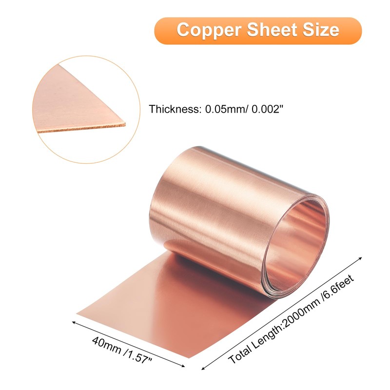 sourcing map Copper Sheet Roll 2000mm x 40mm x 0.05mm,