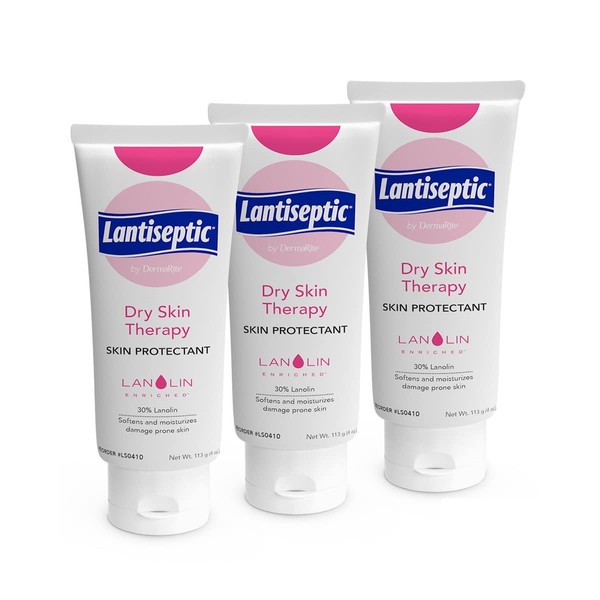 DermaRite Lantiseptic Daily Dry Skin Protectant Cream - 4 oz Tube, 3 Pack - Moisturizes and Protects Cracked, Damaged and Irritated Skin - 30% Lanolin Moisture Barrier Ointment