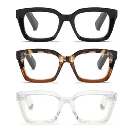 ZXYOO 3 Pack Oversize Square Design Reading Glasses for Women, Blue Light Blocking Reader (Black&Leopard&Transparent, 1.75)