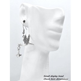 Flying Stork 17 x 24 mm with Baby 12 x 10mm - Silver alloy charm dangle earrings. Hypoallergenic Stainless Steel or Silver-Plated Fishhook or Ball Post Earring or Silver Tone Clip-on Options