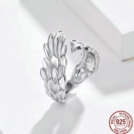 URBAN SHe° 925 Sterling Silver Guardian Angel Wing Ring love support Protection Wrap up Feather Silver Ring (Plain Silver)