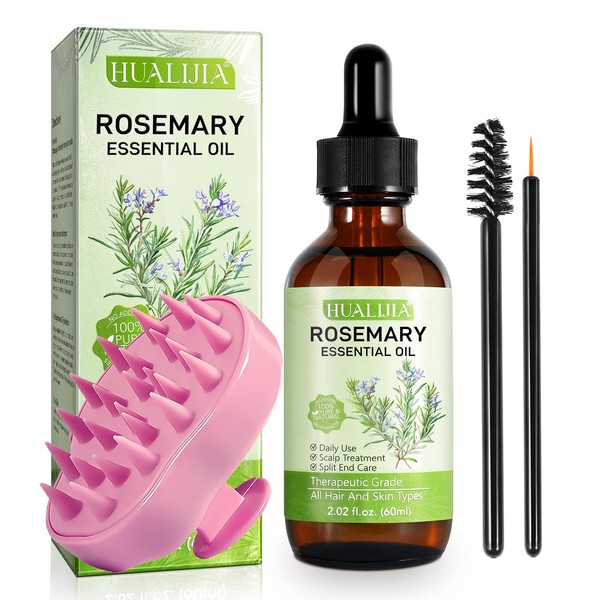 Rosmarinöl für Haare & Kopfhaut, 100% Bio Haaröl für Gesundes Haarwachstum 60ml, Mit Kopfhaut Massagebürste für Nasses und Trockenes Haar Sanft Kopfmassage Bürste