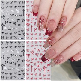 4Sheets Bow Nail Stickers for Nail Art Set, Bow 3D Nail Art Sticker Self-Adhesive Black White Red Bow Shiny Clear Diamond Nail Designs Cute Bow Decals for Women Girls Bow-Knot Manicure Decorations