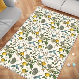 Machine Washable Rugs 4'x6',Lemon Tree Floral Bird Area Rug Soft Non Slip Rug for Living Room Bedroom,Ultra-Thin Stain Resistant Large Area Rug Blue/Yellow/Green Flower Rustic Rug for Home Decor