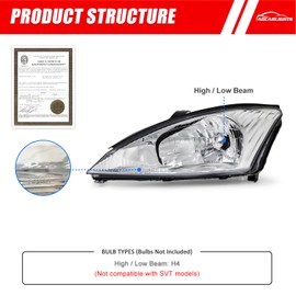 ADCARLIGHTS for Ford Focus 2000-2004 Headlight Assembly for 2000 2001 2002 2003 2004 Ford Focus Clear Lens Chrome Housing with Clear Reflector Headlamp Replacement Left and Right Pair