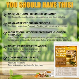 Turmeric Ginger Cinnamon Tea Bags, Premium Turmeric, Ginger, Cinnamon Tea Bags, 100% Natural & No Additives & Caffeine Free (60 bags)