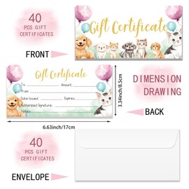 Doodlream 40 Sets Cute Cat Dog Cards Gift Certificate for Business, 6.6x3.3 Inch Blank Gift Cards Certificates with Envelopes, Vouchers for Holiday, Birthday, Restaurant, Spa Beauty Makeup Hair Salon
