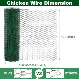 ASelected Chicken Wire for Floral Arrangements 15.7 x 200 Inches Green Floral Chicken Wire Mesh, 0.6 Inch Hexagonal Galvanized PVC Coated Chicken Wire Netting Fence for Crafts Poultry Garden