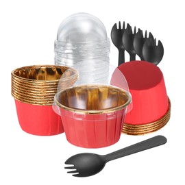 HARFINGTON Bright Red Gold Cupcake Liners with Dome Lids, 50pcs Aluminum Foil 3.5oz Standard Small Baking Cups Wrappers with Spoons Bulk for Birthday Party