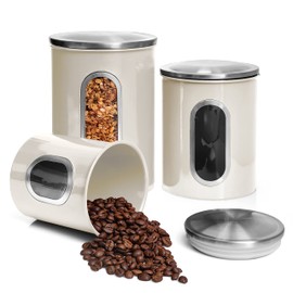 Moss And Stone 3 Piece Ivory Canisters Sets For The Kitchen, Kitchen Jars With See Through Window | Airtight Coffee Container, Tea Organizer, And Sugar Canister, Kitchen Canisters Set of 3.