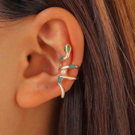 Jugielu Punk CZ Emerald Snake Wrap Cuff Earrings Green Crystal Pearl Serpent Earring Climber Cartilage Ear Clip Gold Animal Snake Non Pierced Earrings Jewelry for Women