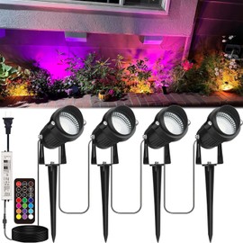 Color Changing Landscape Lights, 24W 1000LM RGB LED Spotlights Outdoor, 12 Colors and 19 Modes Low Voltage Landscape Lights with Remote for Yard, Plant, Lawn, Tree, Flags, House, Garden, Fence, 4Pack