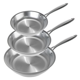 Verel Stainless Steel Frying Pan Set 3 Piece - 8 Inch, 10 Inch and 12 Inch Fry Skillet Stainless Steel Pan, Dishwasher and Oven Safe Cookware