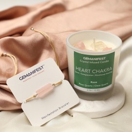 Gemanifest Heart Chakra Candle with Rose Quartz Bracelet, Rose Scented Crystal Candle for Love, Compassion and Emotional Healing, Self Care Gifts for Women, Meditation Gifts