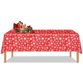 iwiio Christmas Tablecloth, 54 x 108 Christmas Table Cloth Rectangular Red Snowflake Decorated Plastic Table Cover Waterproof Disposable Plastic Tablecloth for Christmas Table Decoration