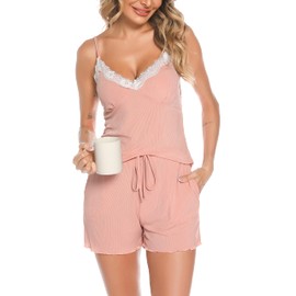 Wikoan Womens Pyjamas Set Lace Camisole and Shorts Soft V-Neck Pj Sets Sleepwear Nightwear with Pockets Drawstring