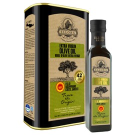 Ellora Farms, Greek Extra Virgin Olive Oil, Gold Award Winner, Single Estate traceable olive oil, 33.8 oz. Tin and 8.45 oz. Glass bottle, Combo Pack