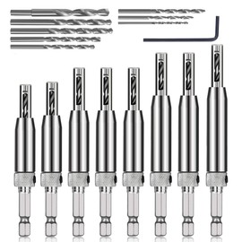 AIMLENTOOL 17pcs VIX Bits Self Centering Drill Bit Set, 1/4" Hex Shank Self Centering Hinge Tapper Core Drill Bit for Woodworking Window Door Hinge with 1 Hex Key & 8 Drill Bits 5/64-1/4"