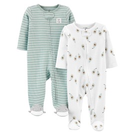 Simple Joys by Carter's Baby 2-Way Zip Thermal Footed Sleep and Play, Pack of 2, Mint Green Stripe/White Avocados, Newborn