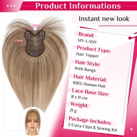 Clip-In Fringe Hairpieces, Real Hair, 360° Coverage, Hair Toppers for Women, Thin Hair, 21 g, 11 Inches, #4p27 Medium Brown/Dark Blonde