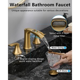 Fapully Brushed Gold Bathroom Faucet 3 Hole, Waterfall 8 Inch Widespread Bathroom Sink Faucet with Pop-up Drain, Two-Handle Faucet for Bathroom Sink