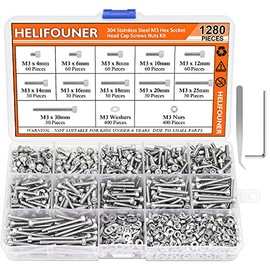 HELIFOUNER 1280 Pieces M3 x 4mm /6mm /8mm /10mm /12mm /14mm /16mm /18mm /20mm /25mm / 30mm, Hex Socket Head Cap Metric Screws Bolts Washers Nuts Kit, 304 Stainless Steel