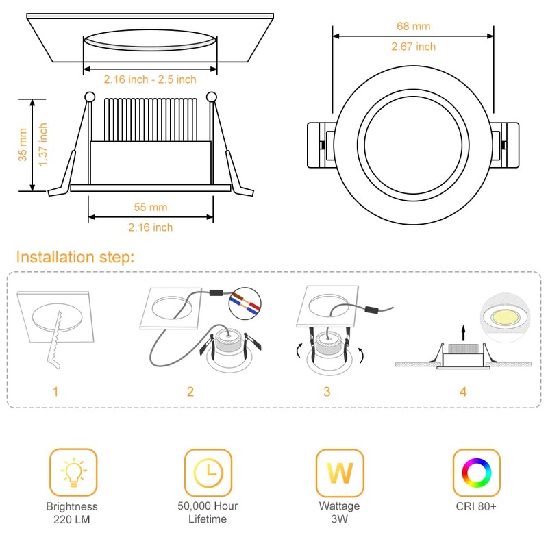 2 Inch LED Downlight, 3W Recessed Lighting Dimmable Ceiling Light