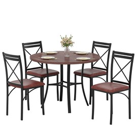 VECELO 5 Piece Dining Table Set for 4, Wood Grain Dinette with Chairs for Kitchen, Breakfast Nook, Small Space, Brown