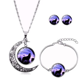 Ailiessy Hollow Crescent Moon Wolf Necklace Pendant Stud Earrings Vintage Time Gemstone New Moon Charm Bracelets for Women Trendy Christmas Jewelry Set(05)