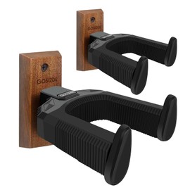 Guitar Wall Mount 2 Pack, Auto Lock Guitar Wall Hanger Guitar Holder with Wood Base Guitar Hook for Electric Acoustic Guitar, Bass, Banjo and Mandolin Guitar Accessories (Wood - 2pcs)