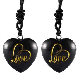 mookaitedecor Set of 2 Natural Love Heart Stone Necklaces for Unisex, Engraved Token Amulet Healing Crystal Pendant with Adjustable Chain, Stone stone Nylon, Obsidian